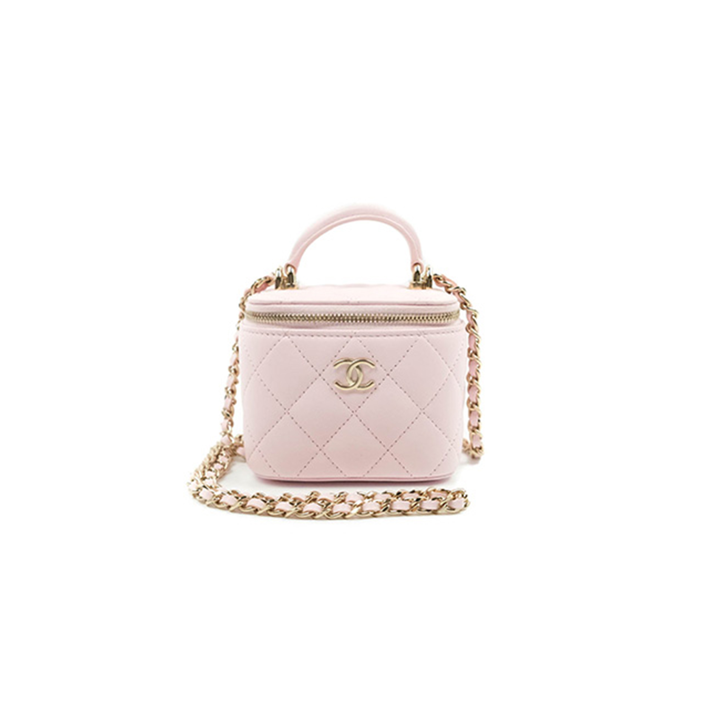 Ch*el mini top handle vanity with chain light pink lambskin gold hardware (10*9*7cn)